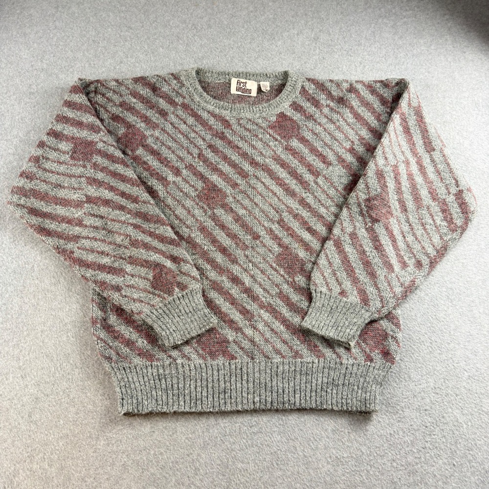 Vintage 1980s First Landing Mens XL Grey Pink Geometric Wool Blend Sweater